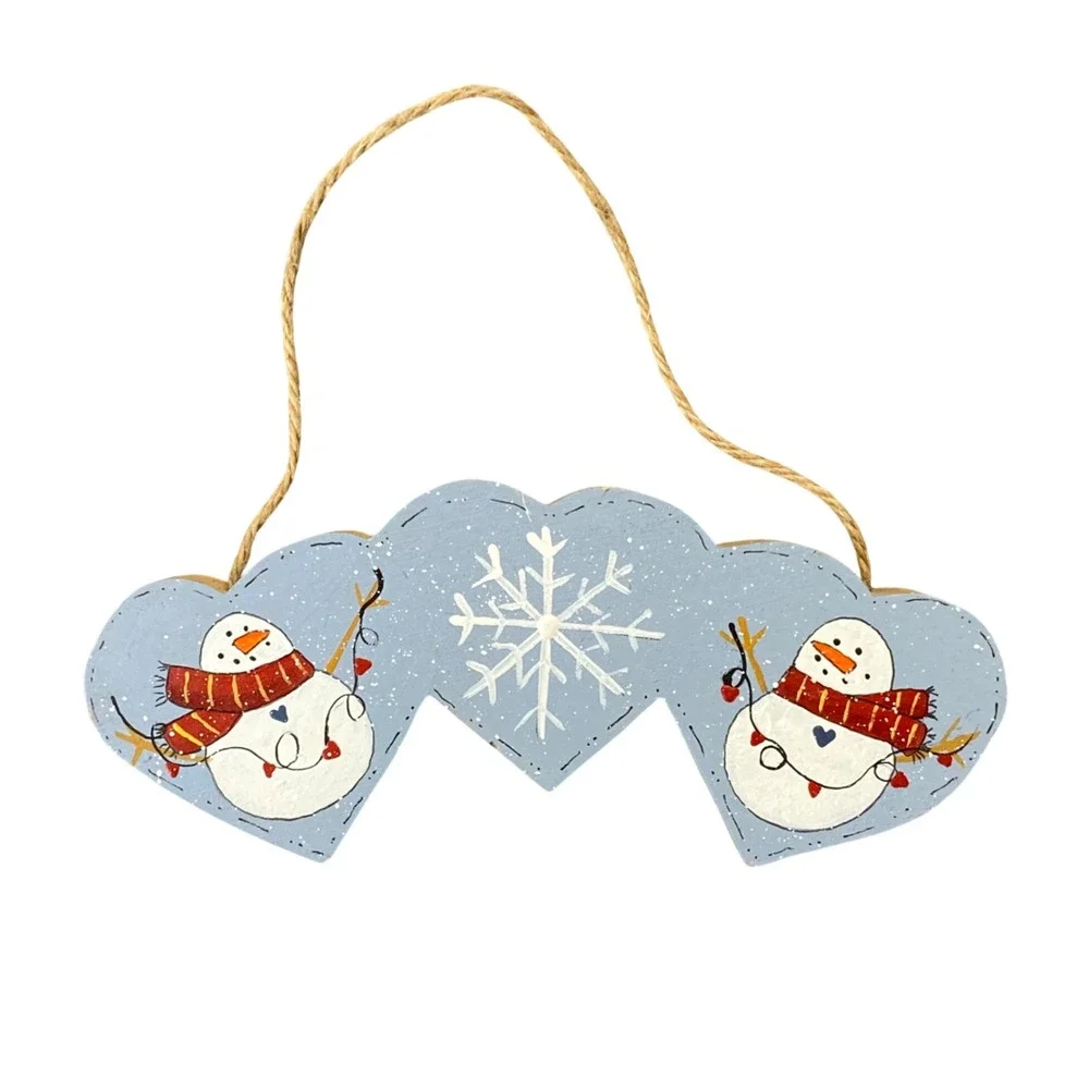 Rustic Wood Triple Heart Snowman Snowflake Hanging Sign Blue Winter Decor